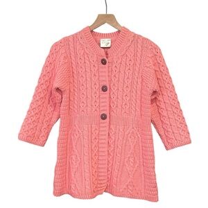 Kilronan Knitwear Merino Wool Button Front Cardigan 3/4 Sleeves Pink XS